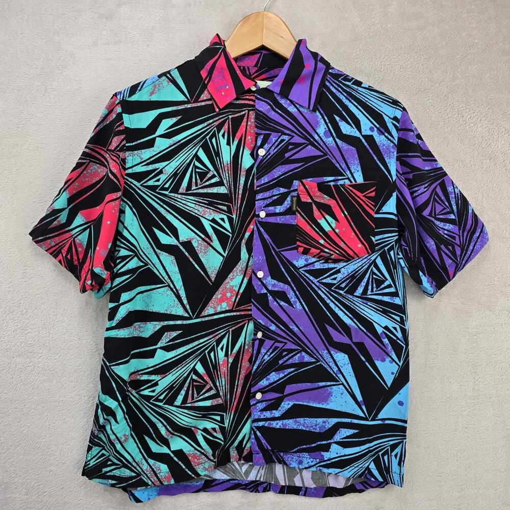 Aries Vortex Hawaiian Shirt Mens Medium Colorful Viscose Geometric Vtg